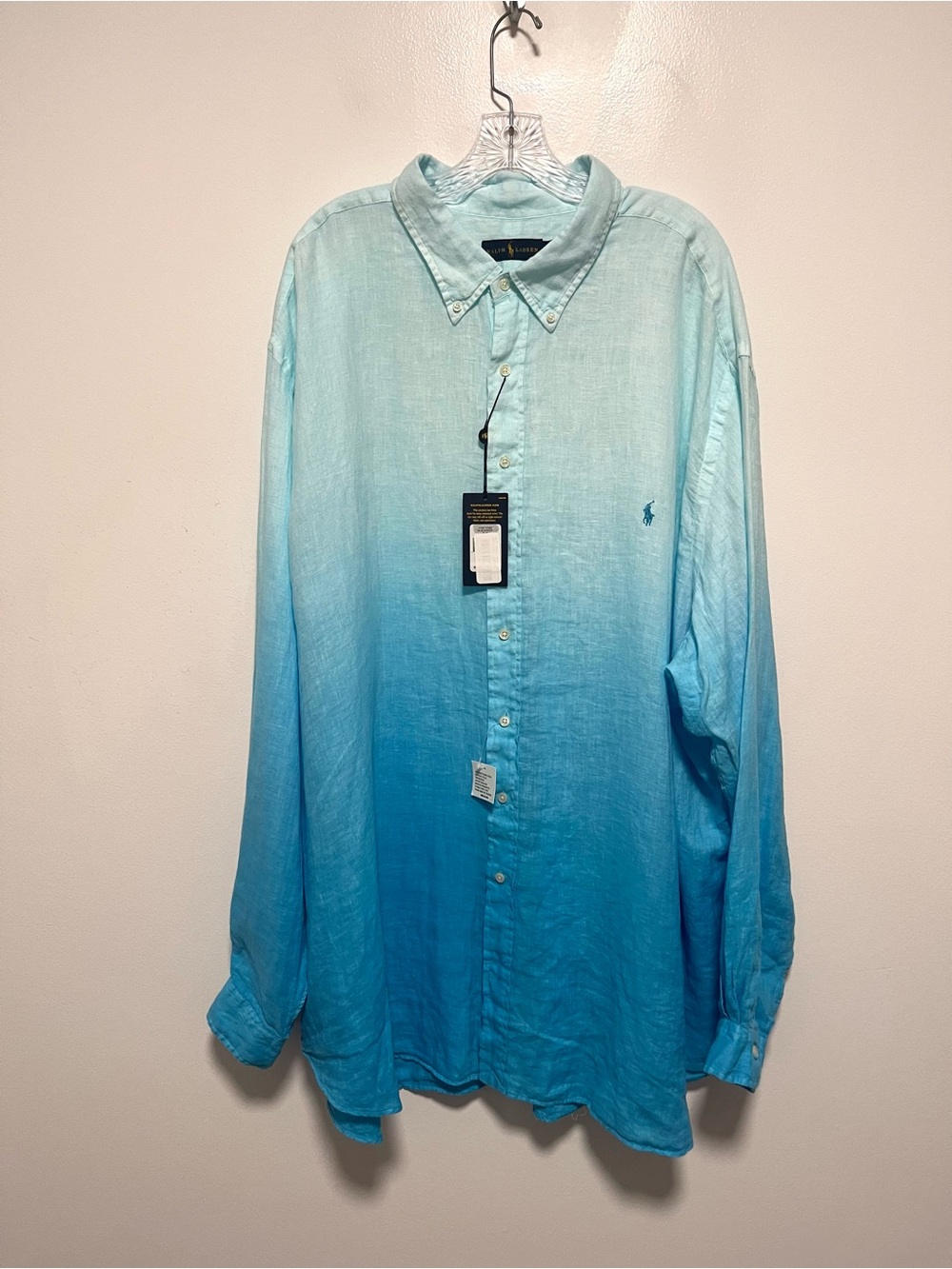 NEW Polo Ralph Lauren 100% Linen Blue Ombré Button Up Dress Shirt 4XLT